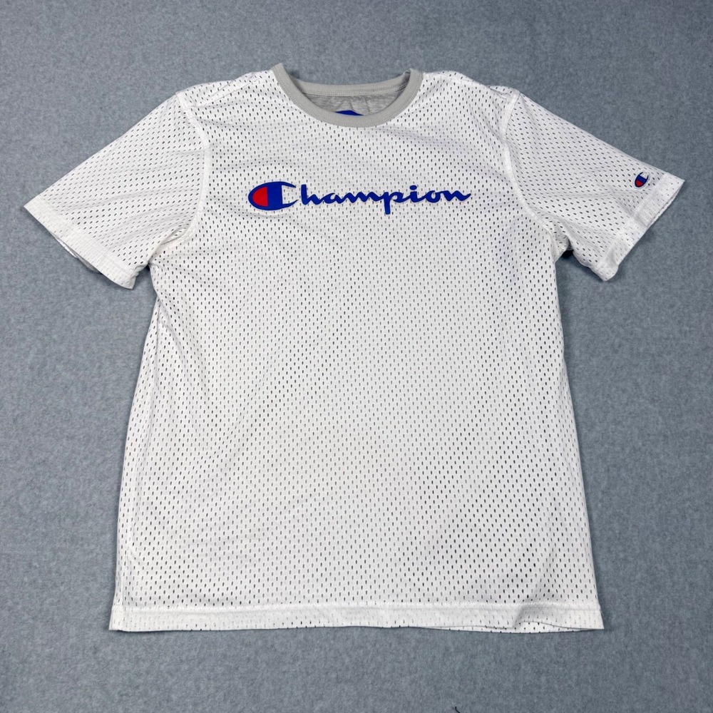 Champion Mens Reversible Mesh T-Shirt White Grey Script Logo Athletic Large